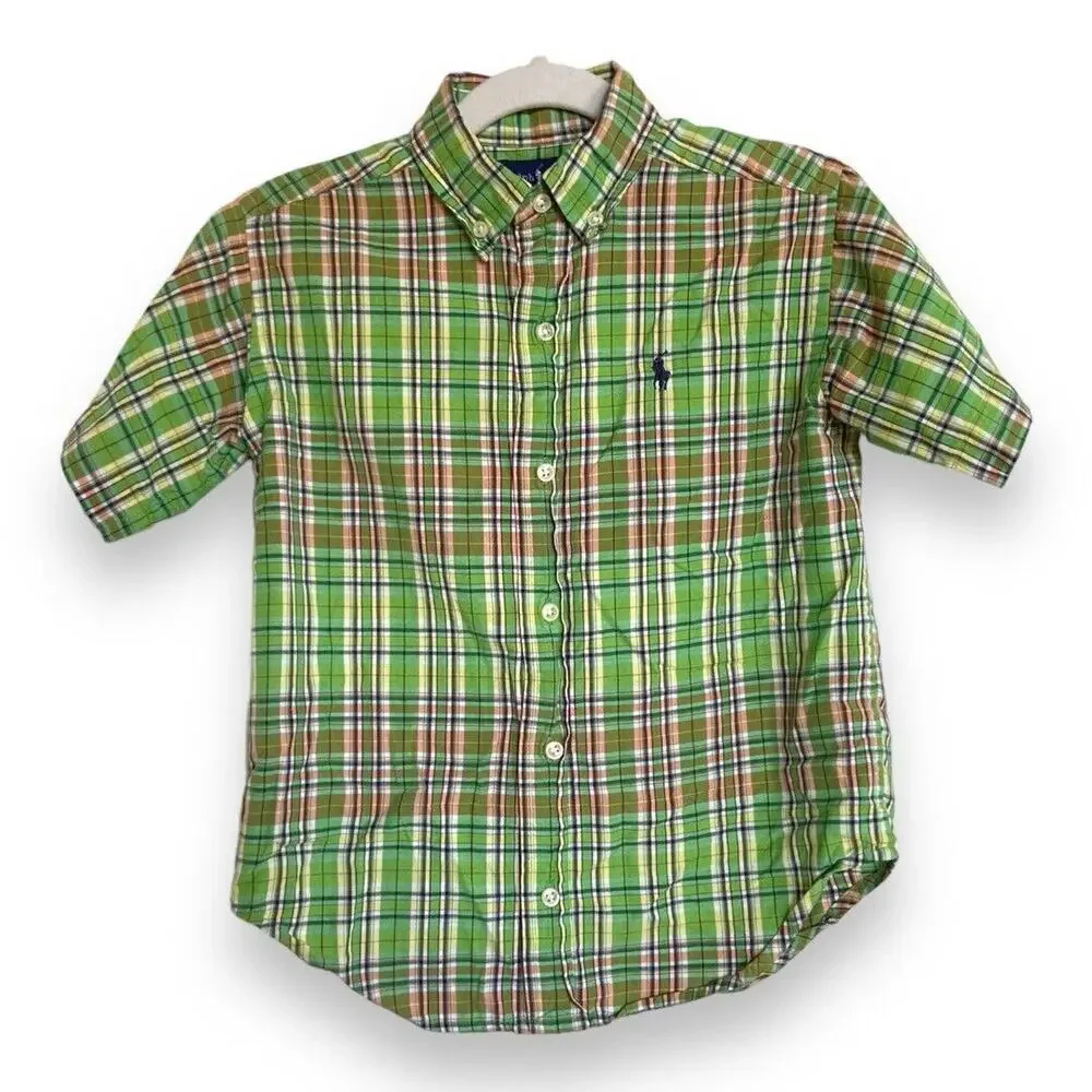 Ralph Lauren Boys Shirt Sz‎ 5 Green Orange Yellow Plaid Button Down Short Sleeve
